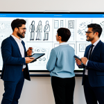 A diverse group of professional creative individuals, including artists, writers, and designers, actively collaborating around a large interactive digital whiteboard displaying various character concept sketches and mood boards. They are fully clothed in professional, modest attire. One person points at the screen, another is sketching on a tablet, and a third is deep in thought, all contributing to the character's development. The modern studio environment is bright and organized, with design tools and reference materials visible. perfect anatomy, correct proportions, well-formed hands, proper finger count, natural body proportions, natural pose, professional photography, high resolution, safe for work, appropriate content, fully clothed, professional, modest clothing.