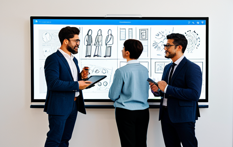 A diverse group of professional creative individuals, including artists, writers, and designers, actively collaborating around a large interactive digital whiteboard displaying various character concept sketches and mood boards. They are fully clothed in professional, modest attire. One person points at the screen, another is sketching on a tablet, and a third is deep in thought, all contributing to the character's development. The modern studio environment is bright and organized, with design tools and reference materials visible. perfect anatomy, correct proportions, well-formed hands, proper finger count, natural body proportions, natural pose, professional photography, high resolution, safe for work, appropriate content, fully clothed, professional, modest clothing.
