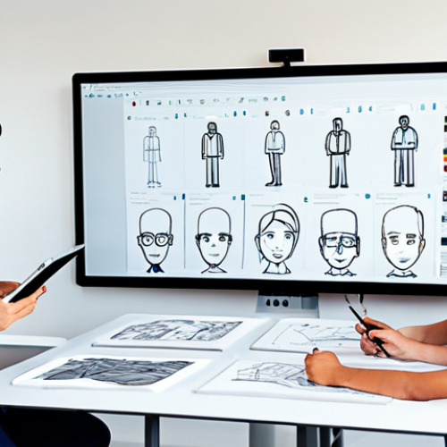 Home 23 Character Design Team Collaboration**
"A diverse team of character designers collaborating in a bright, modern studio. One designer sketches on a tablet, another reviews a 3D model on a large screen, and a third pins reference images to a mood board. Everyone is fully clothed in appropriate, casual professional attire. The studio is filled with art supplies, concept sketches, and digital displays. Focus on teamwork, creativity, and a shared visual goal. Safe for work, appropriate content, professional environment, perfect anatomy, correct proportions, well-formed hands, natural poses, high quality, family-friendly."
**