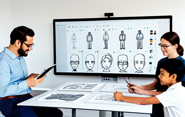 Character Design Team Collaboration**
"A diverse team of character designers collaborating in a bright, modern studio. One designer sketches on a tablet, another reviews a 3D model on a large screen, and a third pins reference images to a mood board. Everyone is fully clothed in appropriate, casual professional attire. The studio is filled with art supplies, concept sketches, and digital displays. Focus on teamwork, creativity, and a shared visual goal. Safe for work, appropriate content, professional environment, perfect anatomy, correct proportions, well-formed hands, natural poses, high quality, family-friendly."
**