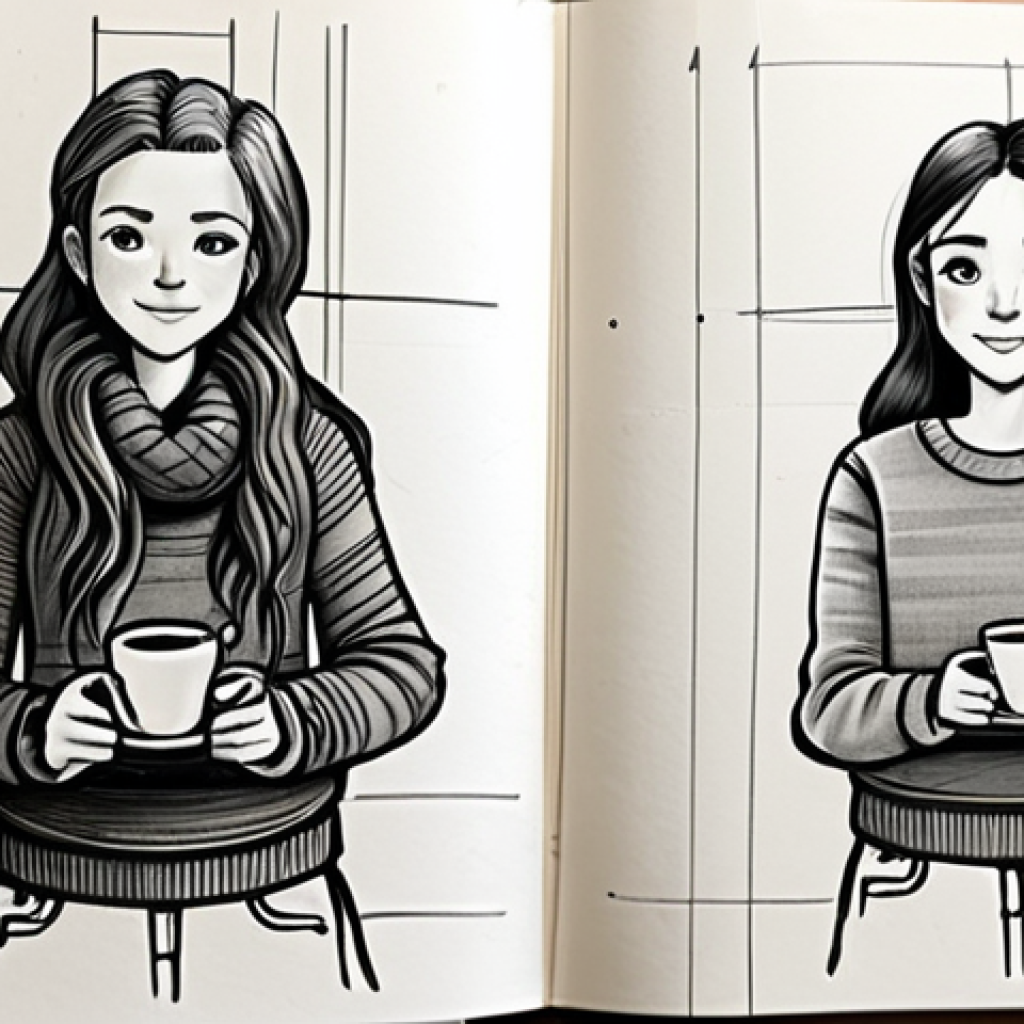 Character Design Sketch in a Coffee Shop**

"A character designer sketches in a Moleskine sketchbook at a bustling coffee shop. She is fully clothed in a comfortable sweater and jeans, focused on her work. The sketch shows the early stages of a character design, emphasizing basic shapes and dynamic poses. Background includes blurred figures and coffee cups. Art style: loose sketch, graphite on paper. safe for work, appropriate content, fully clothed, modest, professional, perfect anatomy, natural proportions, well-formed hands, proper finger count, natural body proportions, family-friendly."

**