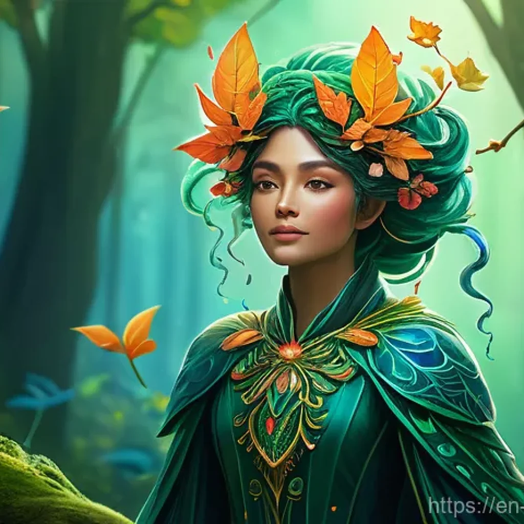캐릭터디자인 디지털 툴 활용법 - A whimsical forest sprite, depicted in a vibrant digital painting style reminiscent of Procreate. Th...