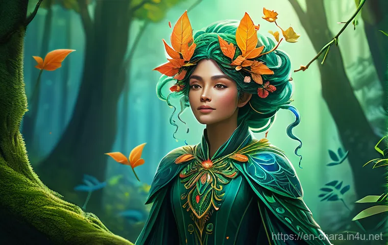 캐릭터디자인 디지털 툴 활용법 - A whimsical forest sprite, depicted in a vibrant digital painting style reminiscent of Procreate. Th...