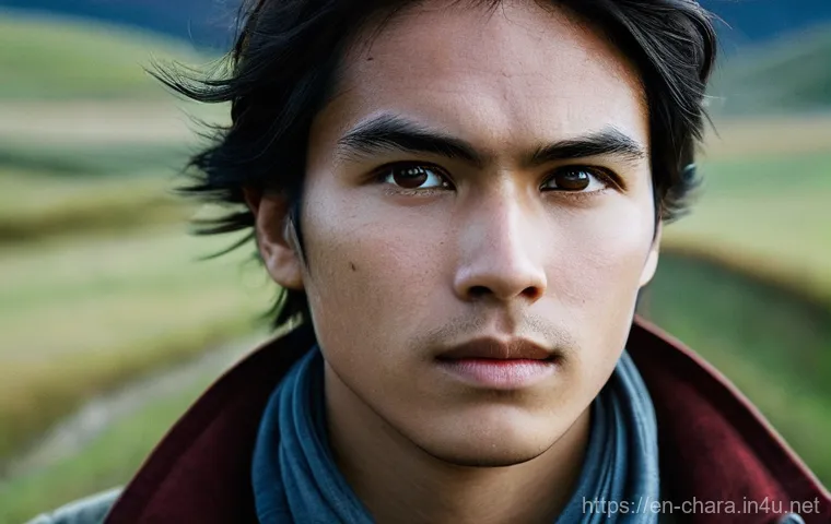 캐릭터디자인 중점 학습 과목 - **"The Resilient Wanderer"**: A close-up portrait of a young adult, gender-neutral, with a determine...