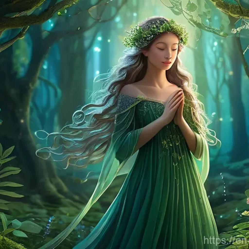 캐릭터디자인 직무에서 피드백을 받는 법 - A serene and mystical forest guardian, depicted as a young, ethereal female figure with soft, glowin...