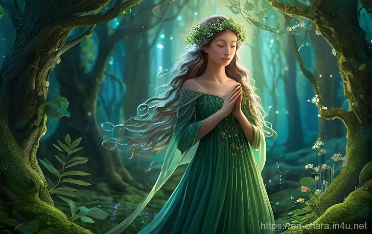 캐릭터디자인 직무에서 피드백을 받는 법 - A serene and mystical forest guardian, depicted as a young, ethereal female figure with soft, glowin...