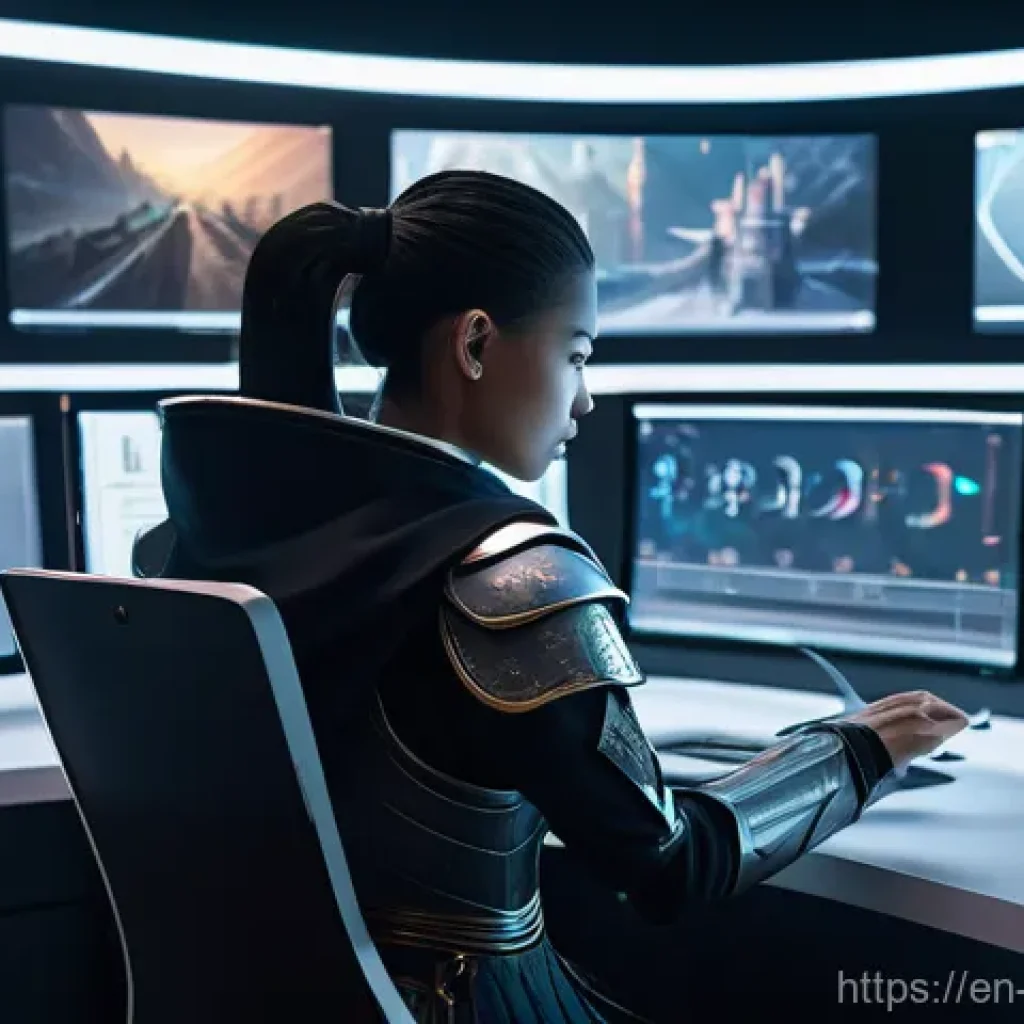 캐릭터디자인 직무에서 요구되는 최신 기술 - **"A character designer sits at a sleek, futuristic desk, surrounded by multiple holographic screens...