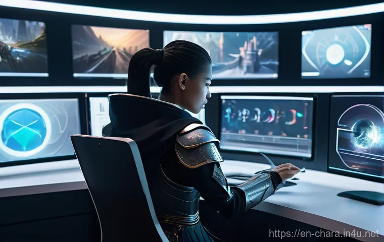 캐릭터디자인 직무에서 요구되는 최신 기술 - **"A character designer sits at a sleek, futuristic desk, surrounded by multiple holographic screens...