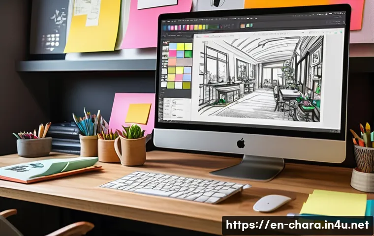 캐릭터디자인 직무에서의 성과 관리 전략 - A professional character designer’s studio workspace, featuring a large digital drawing tablet displ...