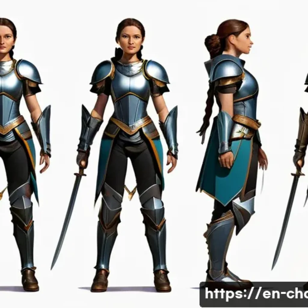 캐릭터디자인 실기 준비 꿀팁 - A dynamic character sketch showcasing a young adult female warrior in a confident, action-ready pose...