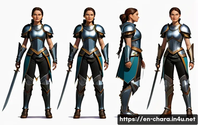 캐릭터디자인 실기 준비 꿀팁 - A dynamic character sketch showcasing a young adult female warrior in a confident, action-ready pose...