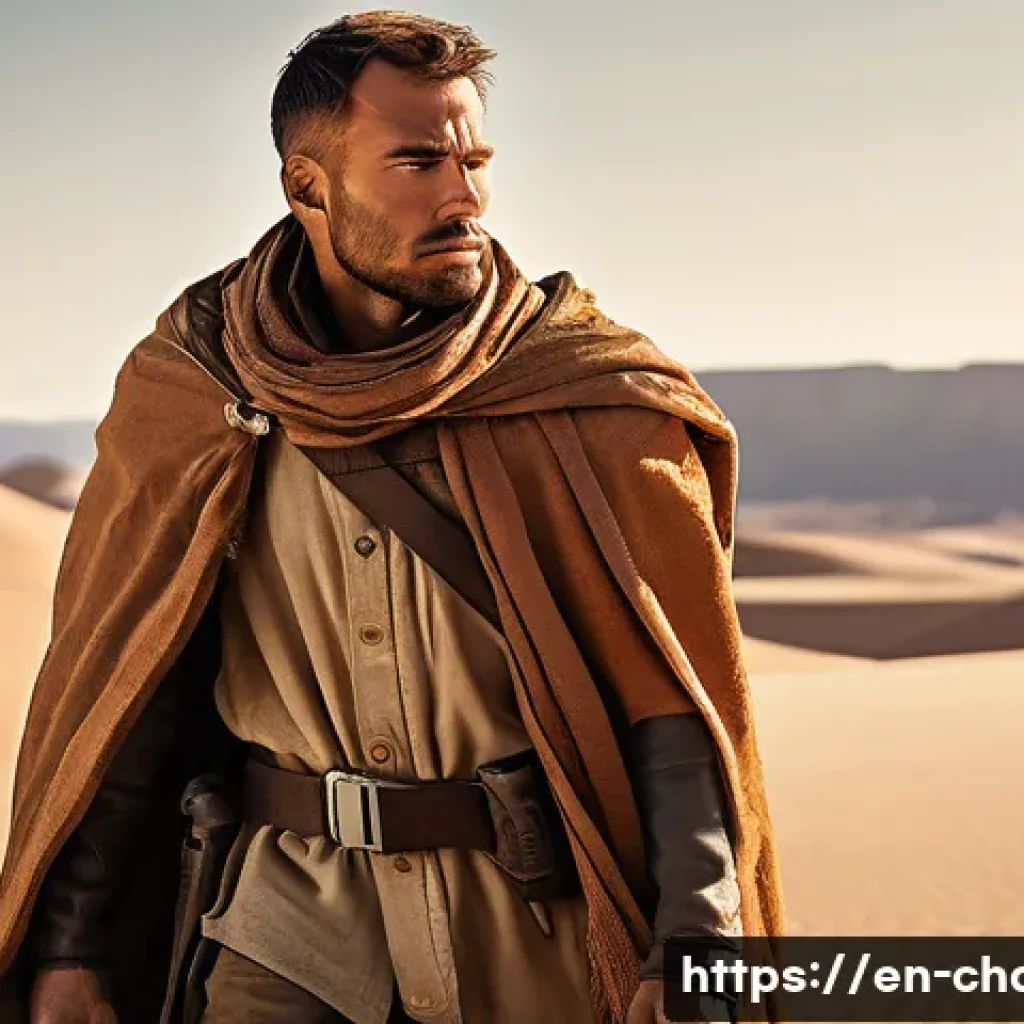 캐릭터디자인 학습을 위한 프로젝트 아이디어 - A rugged desert warrior character standing confidently in a sun-bleached, tattered cloak and practic...