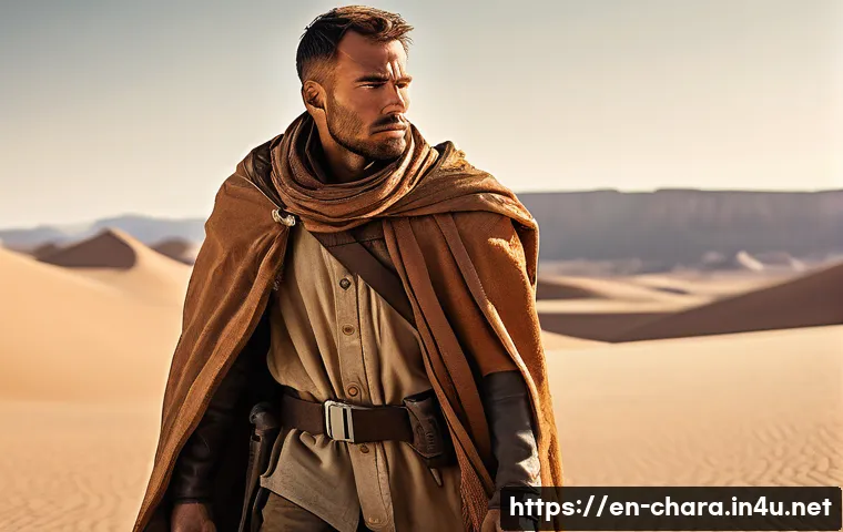 캐릭터디자인 학습을 위한 프로젝트 아이디어 - A rugged desert warrior character standing confidently in a sun-bleached, tattered cloak and practic...