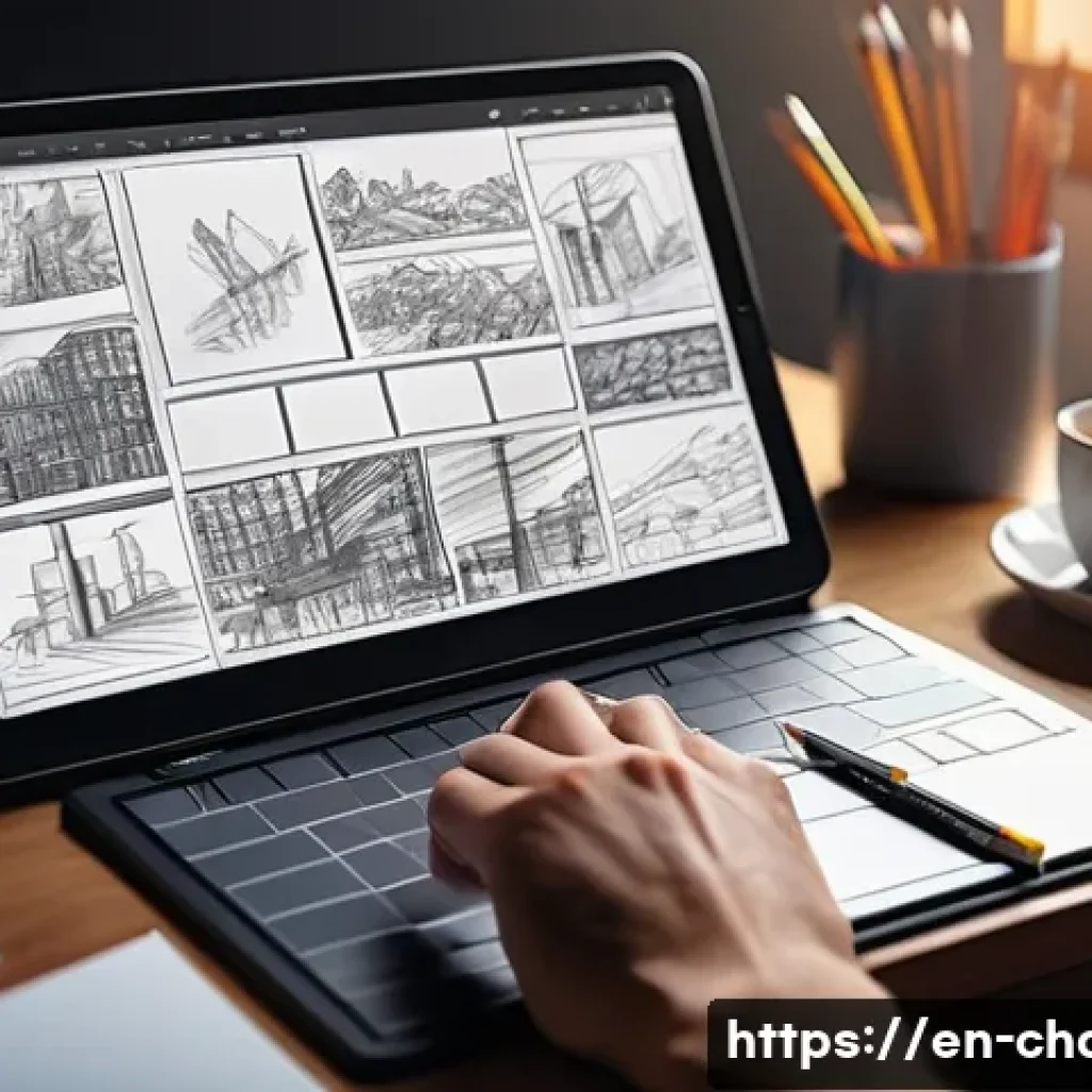 캐릭터디자인으로 전환 가능한 다른 직무 - A dynamic storyboard artist’s workspace featuring a diverse sequence of expressive character sketche...