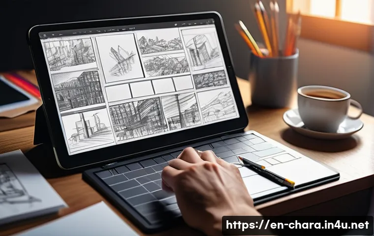 캐릭터디자인으로 전환 가능한 다른 직무 - A dynamic storyboard artist’s workspace featuring a diverse sequence of expressive character sketche...