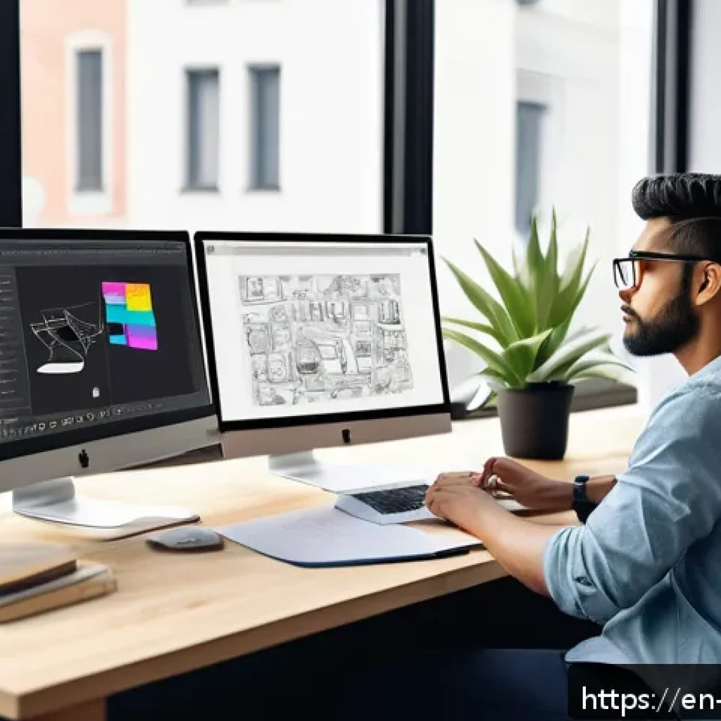 캐릭터디자인 직무에서의 성과 관리 팁 - A focused creative workspace scene featuring a young character designer at a modern ergonomic desk w...