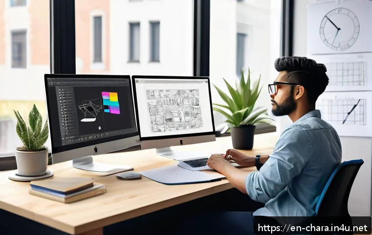 캐릭터디자인 직무에서의 성과 관리 팁 - A focused creative workspace scene featuring a young character designer at a modern ergonomic desk w...