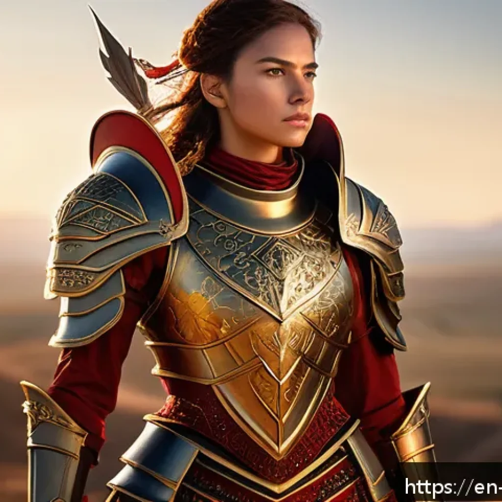 캐릭터디자인 자격증 필기 시험 과목 - A dynamic character design of a confident female warrior standing in a heroic pose, wearing intricat...