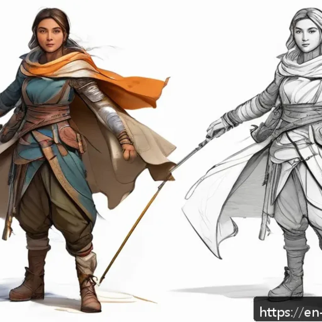 캐릭터디자인 직무의 주요 작업 도구 활용법 - A dynamic character sketch featuring a young female adventurer in loose, exploratory pencil lines, w...