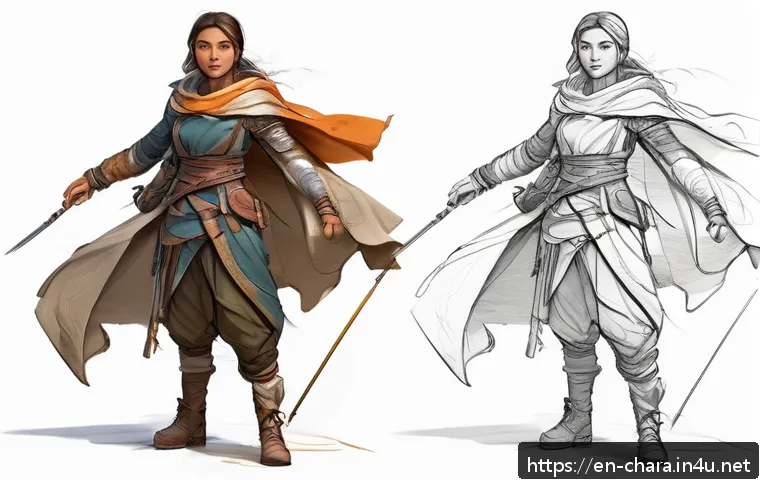 캐릭터디자인 직무의 주요 작업 도구 활용법 - A dynamic character sketch featuring a young female adventurer in loose, exploratory pencil lines, w...