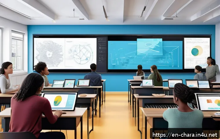 캐릭터디자인 관련 온라인 교육 플랫폼 - A detailed digital art classroom scene featuring a diverse group of young adult artists actively par...