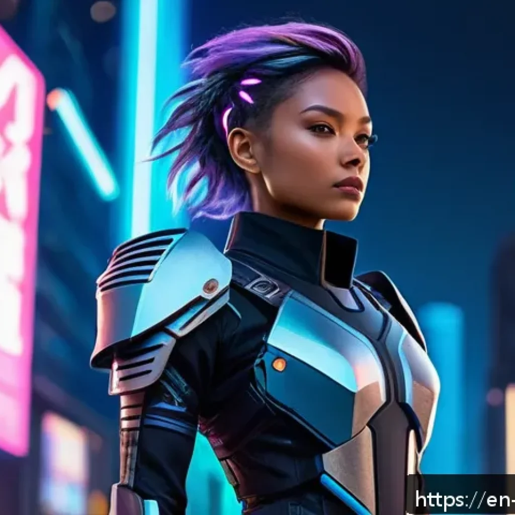 캐릭터디자인 직무의 도전 과제와 해결 사례 - A confident female character standing in a futuristic cityscape at dusk, blending cyberpunk and fant...