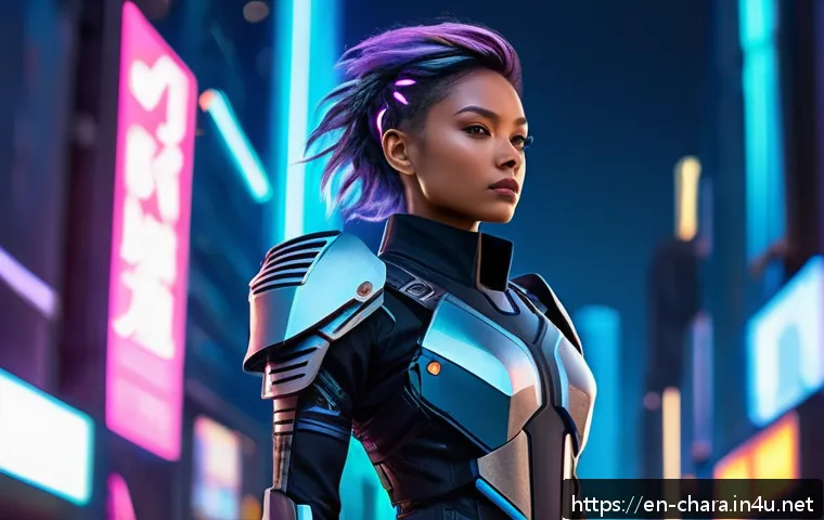 캐릭터디자인 직무의 도전 과제와 해결 사례 - A confident female character standing in a futuristic cityscape at dusk, blending cyberpunk and fant...