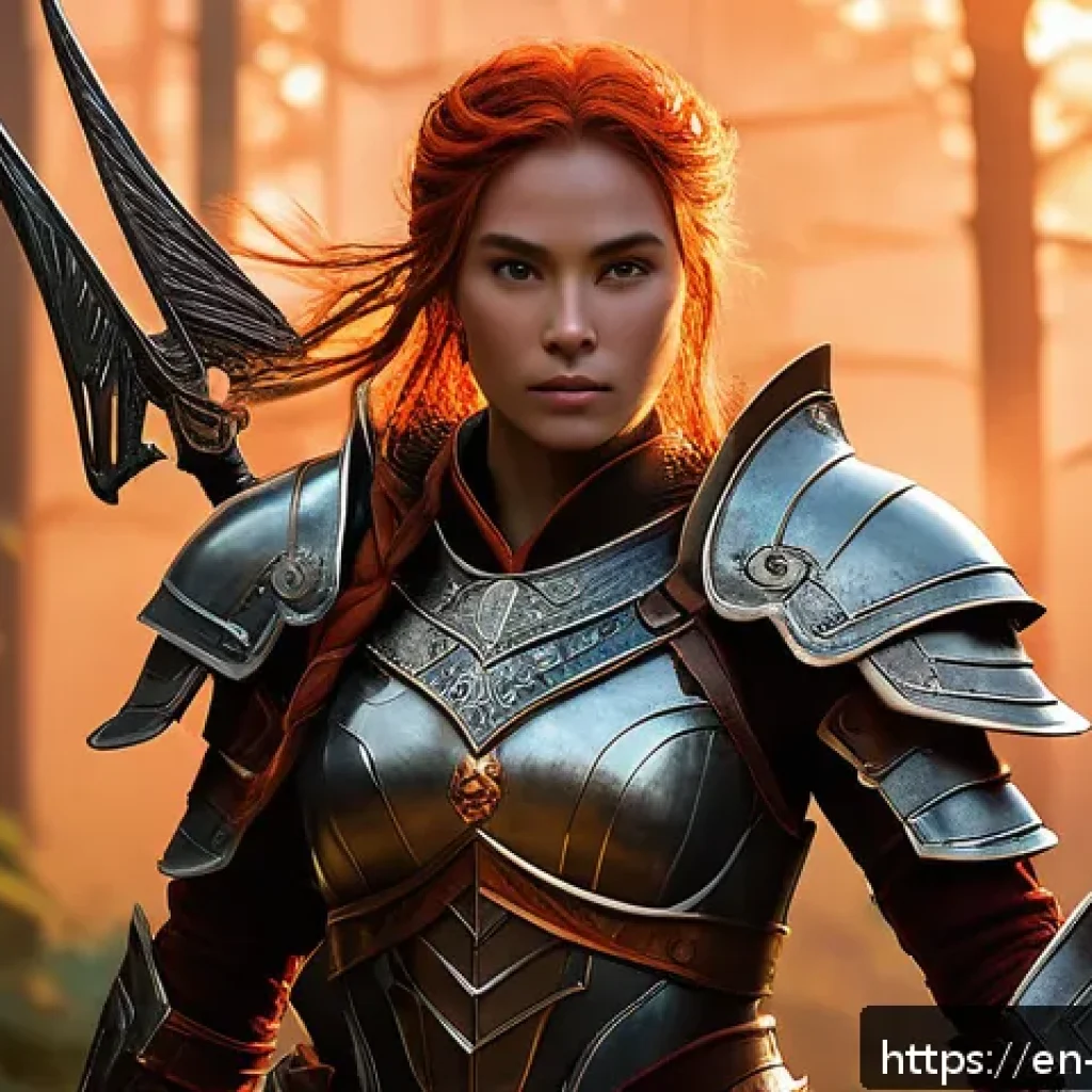 캐릭터디자인의 직업적 보람과 도전 - A confident female fantasy warrior character standing tall in intricately detailed armor featuring s...