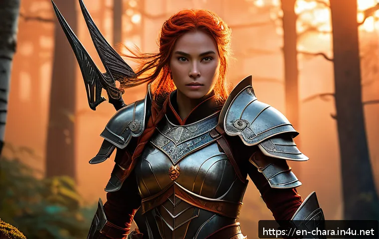 캐릭터디자인의 직업적 보람과 도전 - A confident female fantasy warrior character standing tall in intricately detailed armor featuring s...