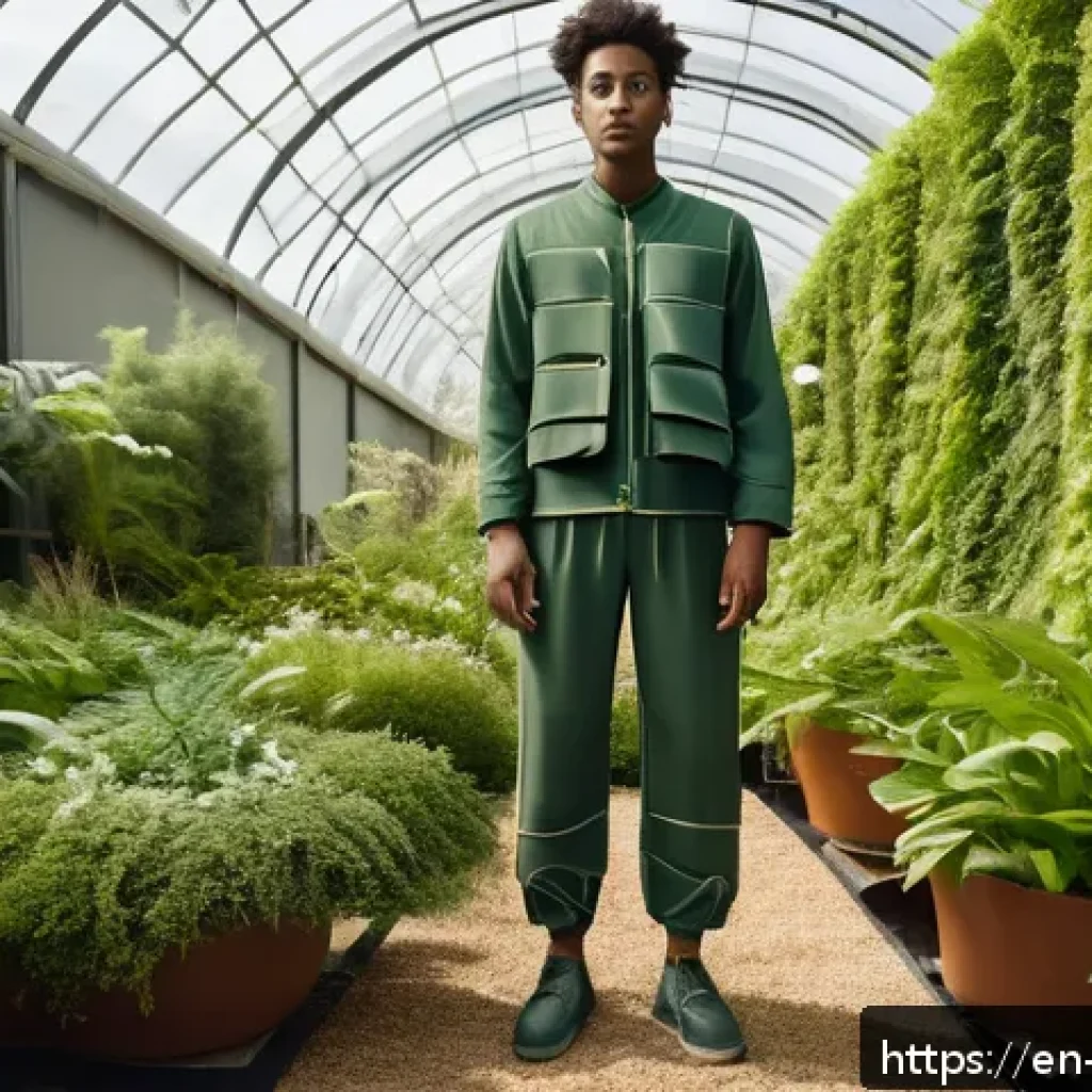 캐릭터디자인 직무에서의 지속 가능성 이슈 - A futuristic eco-conscious character wearing a detailed costume made entirely from sustainable texti...