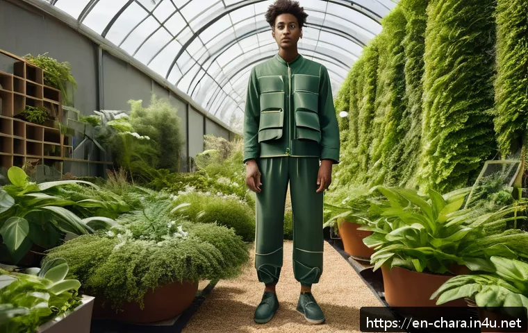 캐릭터디자인 직무에서의 지속 가능성 이슈 - A futuristic eco-conscious character wearing a detailed costume made entirely from sustainable texti...