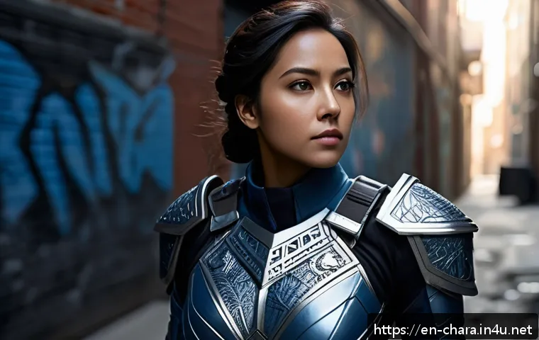 캐릭터디자인과 스토리보드 작업의 연계성 - A confident female hero with a distinctive silhouette featuring sharp angular armor in muted blue to...