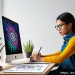 캐릭터디자인 직무의 경력 전환 사례 - A confident young female character designer in a modern home studio, surrounded by digital art tools...