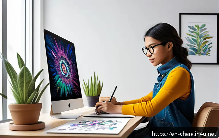 캐릭터디자인 직무의 경력 전환 사례 - A confident young female character designer in a modern home studio, surrounded by digital art tools...