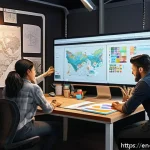 캐릭터디자인 협업을 위한 팀 구성 팁 - A highly detailed concept artist’s workspace featuring a diverse team brainstorming character design...
