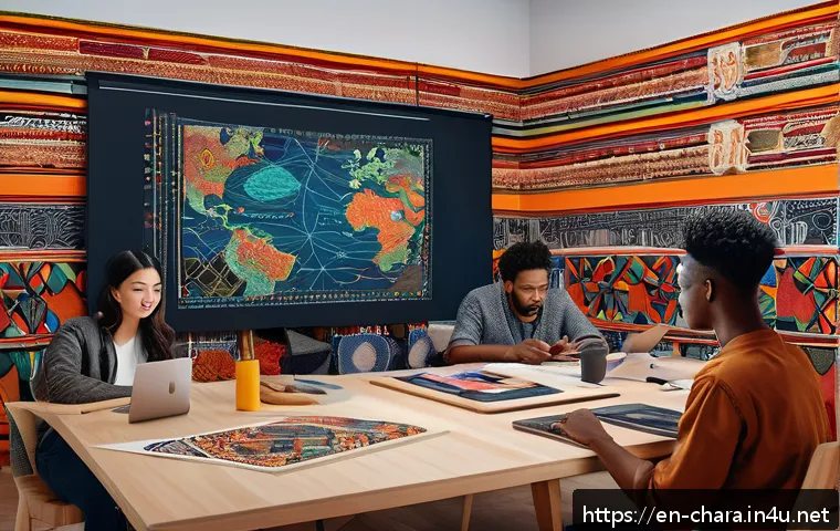 캐릭터디자이너로서의 글로벌 네트워크 활용법 - A vibrant, modern digital art studio scene showing diverse character designers collaborating across ...