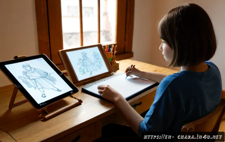 캐릭터디자인 학습을 위한 유튜브 채널 - Photorealistic home creative studio, young adult character design instructor seated at a clean woode...