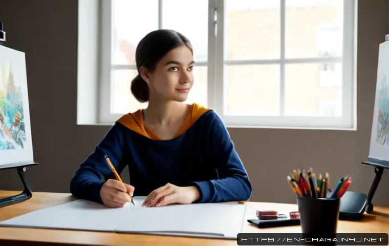 캐릭터디자인 직무에서 커리어 성장 스토리 - Photorealistic career-growth scene of a young character designer in a modern creative studio, seated...